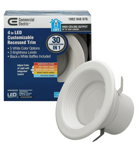 Commercial Electric 4 in. Selectable Integrated LED Recessed Trim Downlight 30 Configurations in One Fixture High Ceiling Output Dimmable