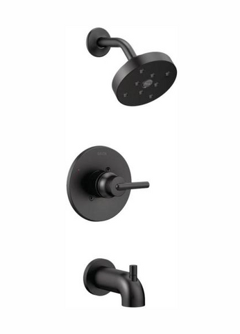 Delta Trinsic 1-Handle Wall Mount Tub and Shower Faucet Trim Kit in Matte Black with H2Okinetic (Valve Not Included)